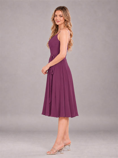 Plum Simple Spaghetti Straps Knee Length Chiffon Short Bridesmaid Dress