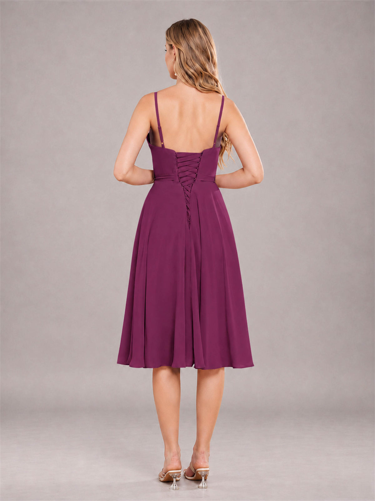 Plum Simple Spaghetti Straps Knee Length Chiffon Short Bridesmaid Dress