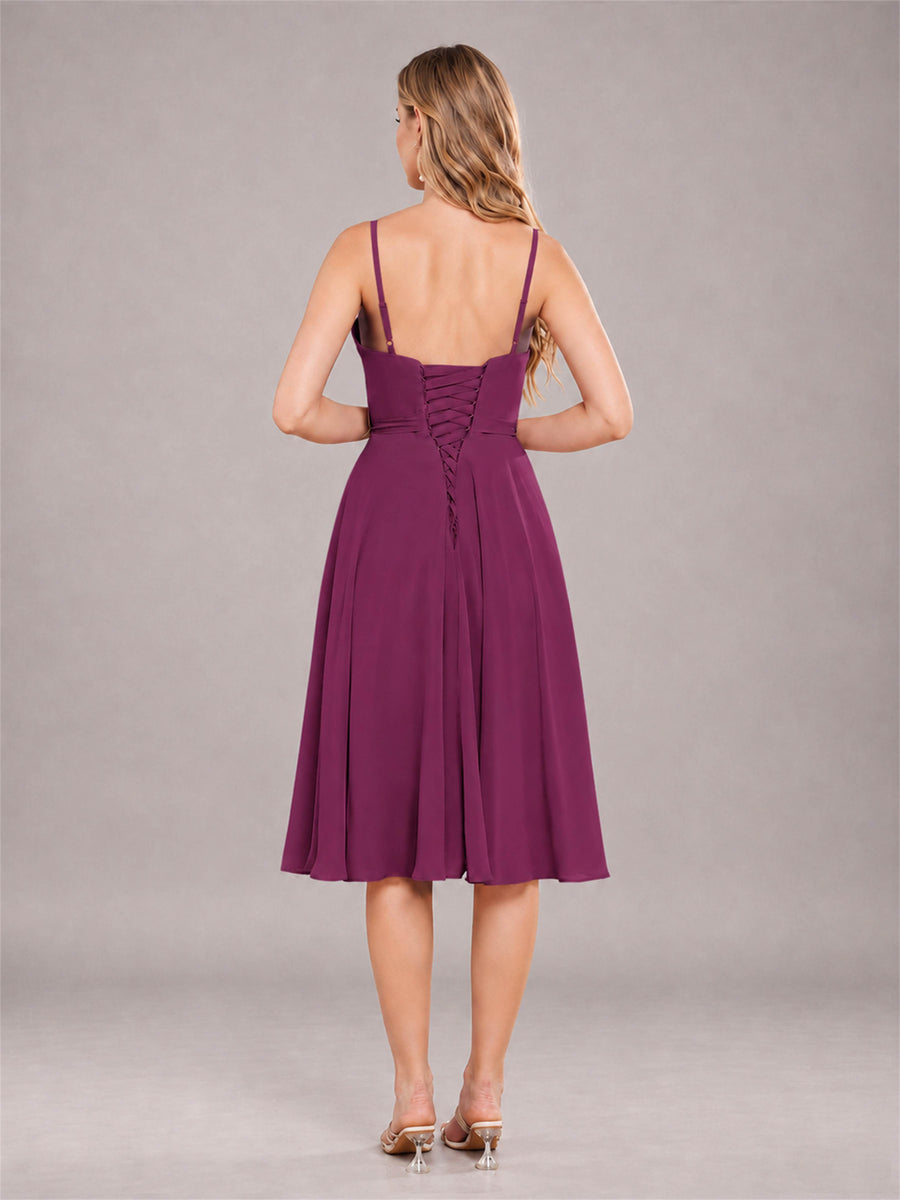 Plum Simple Spaghetti Straps Knee Length Chiffon Short Bridesmaid Dress