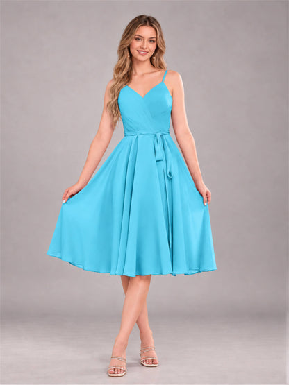 Pool Simple Spaghetti Straps Knee Length Chiffon Short Bridesmaid Dress