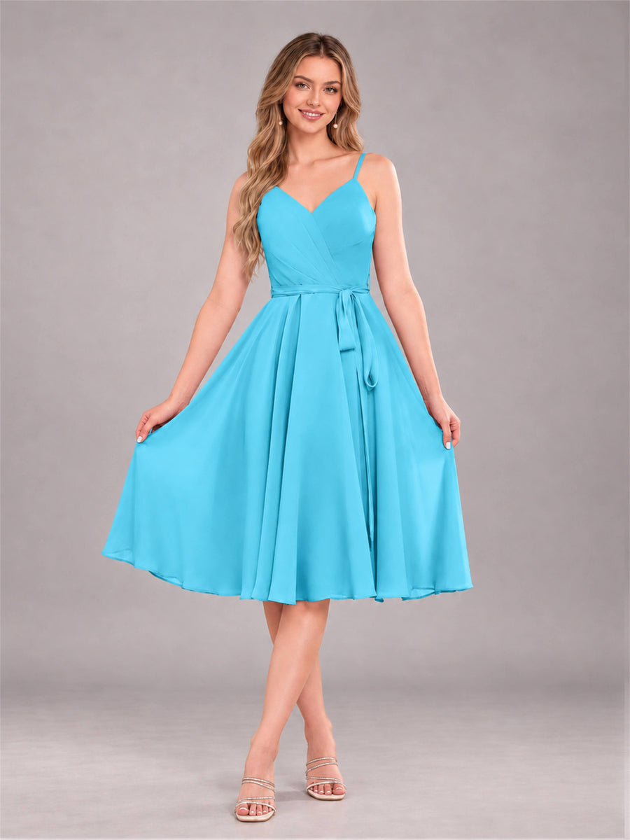 Pool Simple Spaghetti Straps Knee Length Chiffon Short Bridesmaid Dress