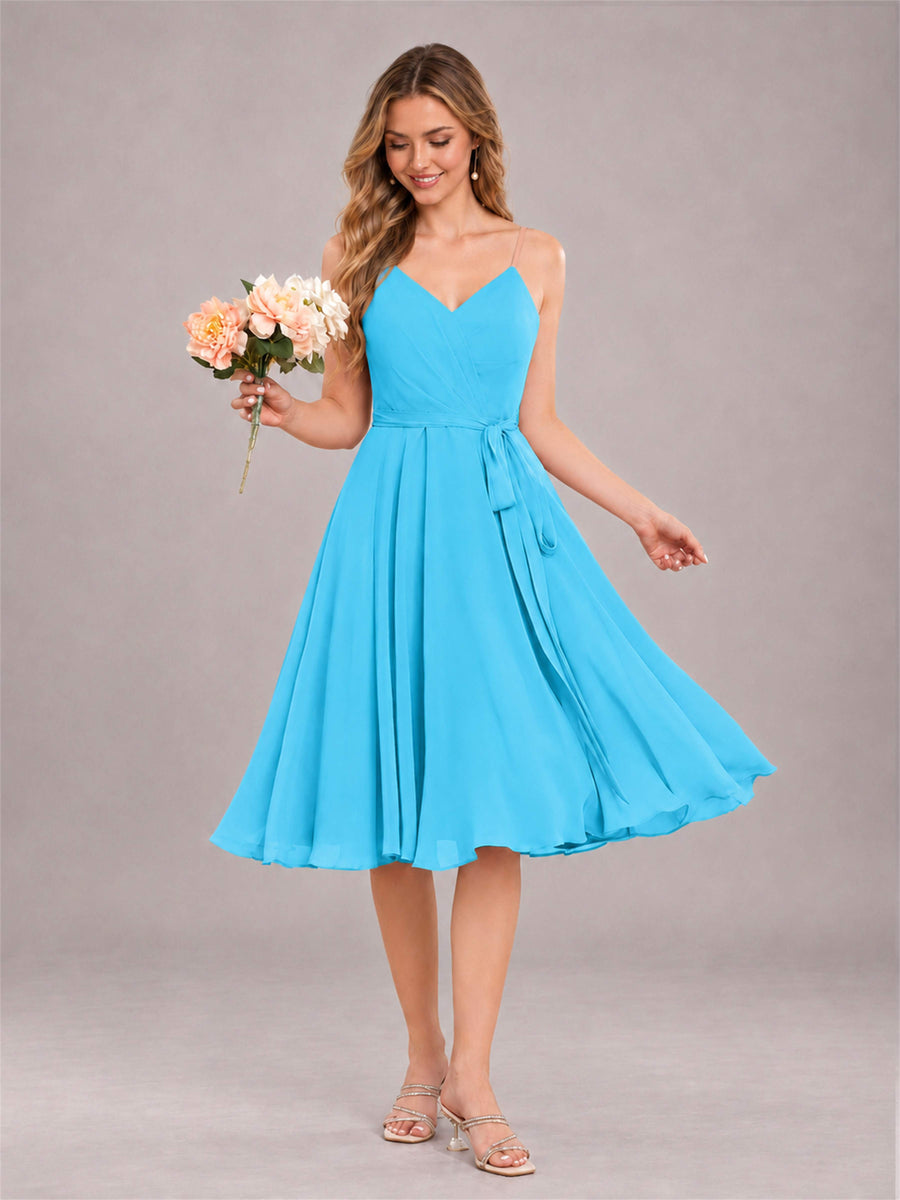 Pool Simple Spaghetti Straps Knee Length Chiffon Short Bridesmaid Dress