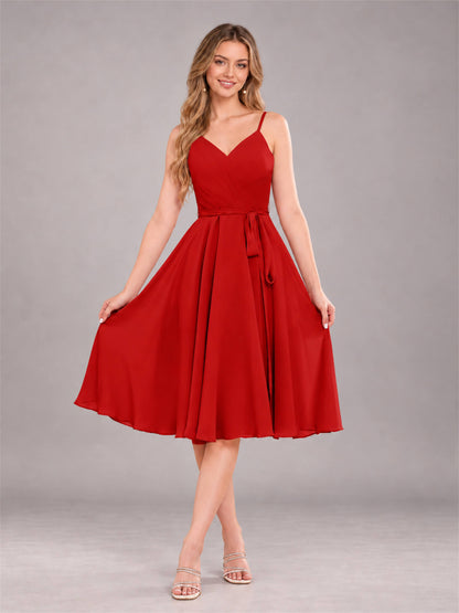Red Simple Spaghetti Straps Knee Length Chiffon Short Bridesmaid Dress
