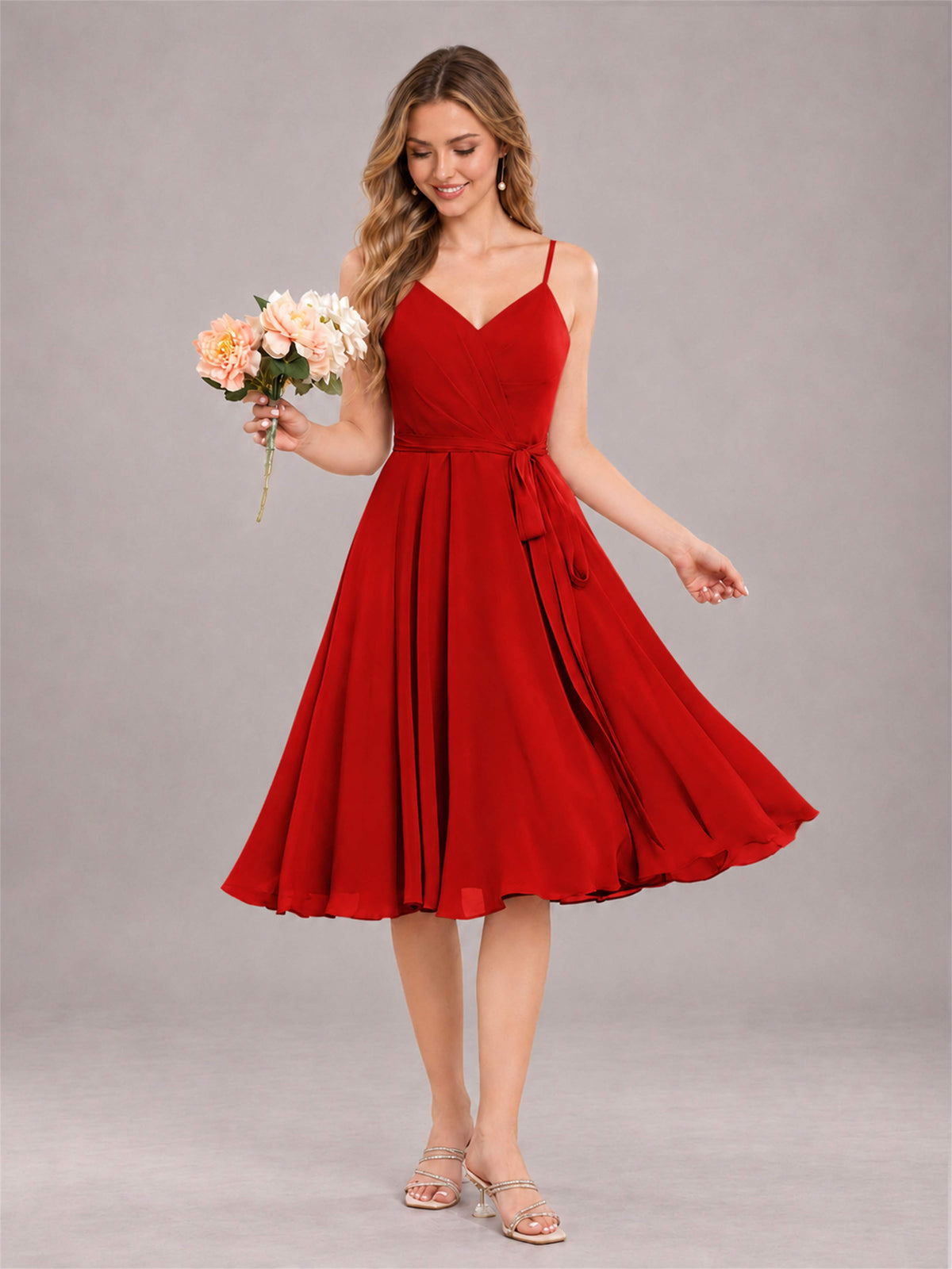 Red Simple Spaghetti Straps Knee Length Chiffon Short Bridesmaid Dress