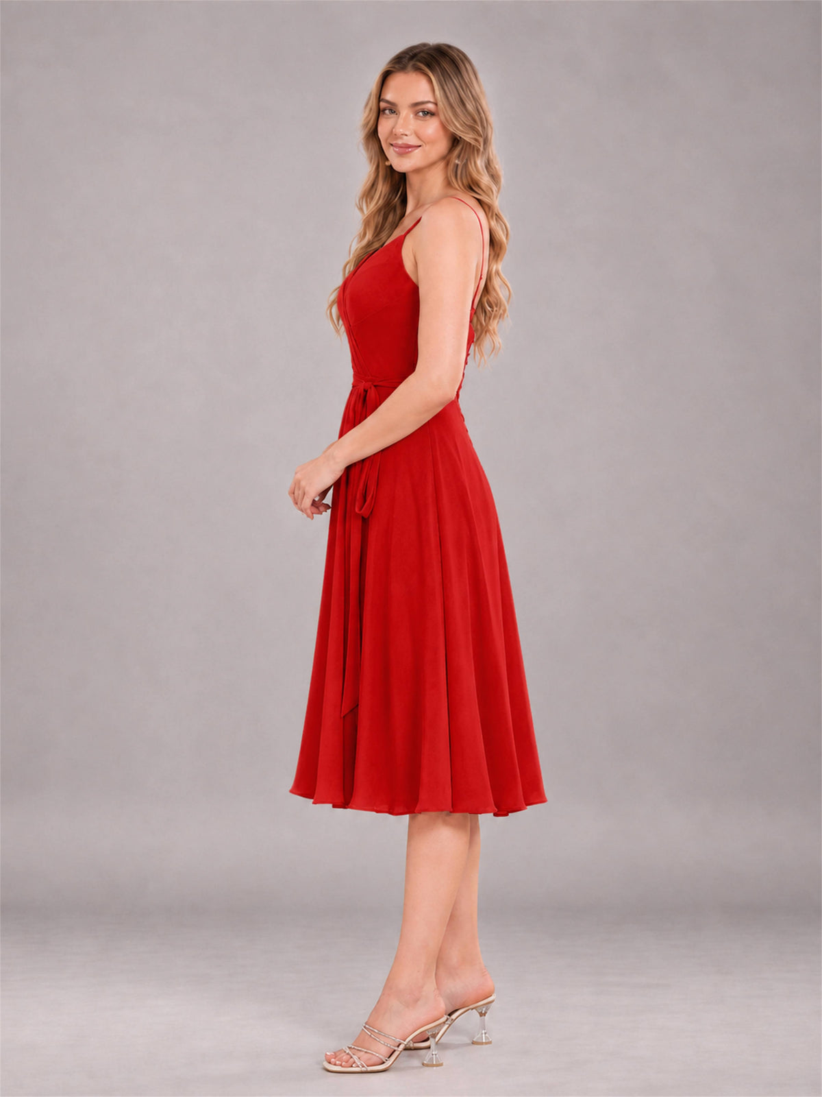 Red Simple Spaghetti Straps Knee Length Chiffon Short Bridesmaid Dress