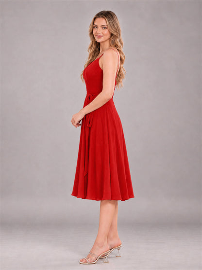Red Simple Spaghetti Straps Knee Length Chiffon Short Bridesmaid Dress