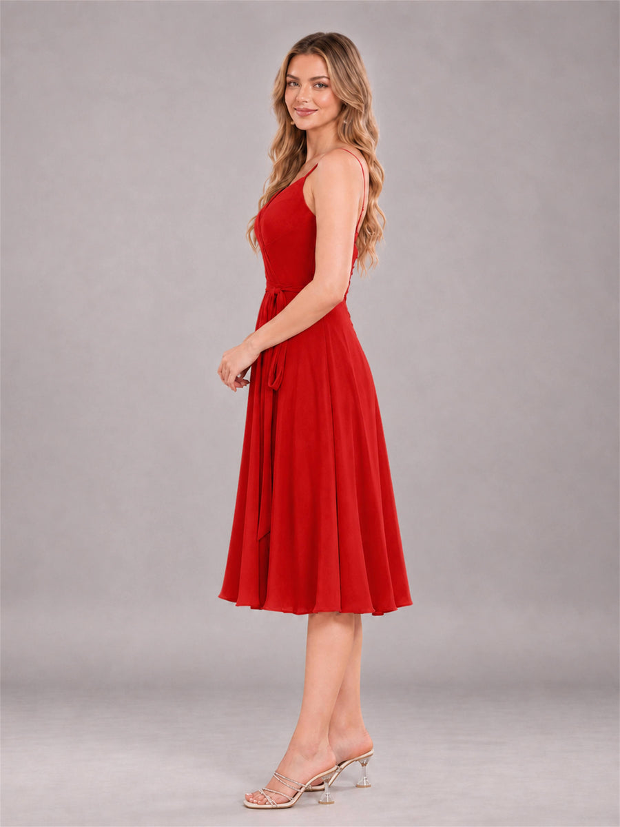 Red Simple Spaghetti Straps Knee Length Chiffon Short Bridesmaid Dress