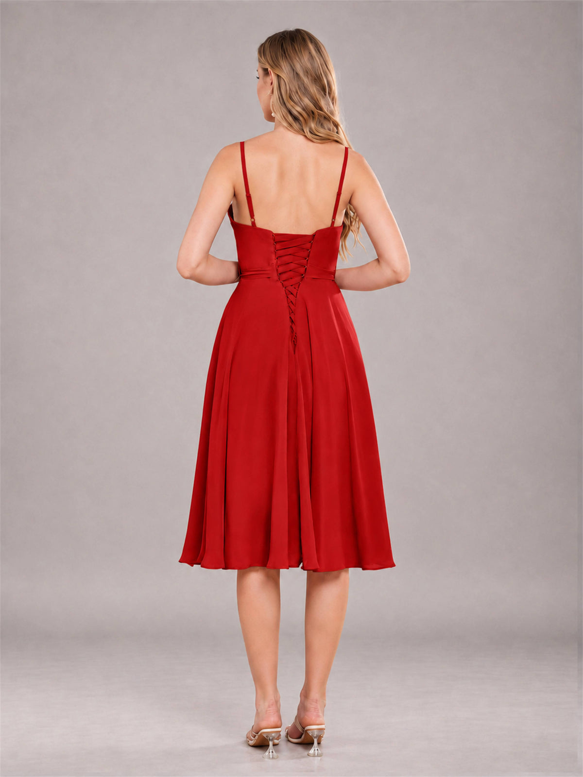 Red Simple Spaghetti Straps Knee Length Chiffon Short Bridesmaid Dress