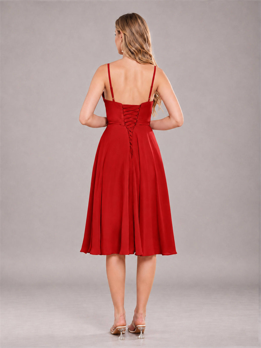 Red Simple Spaghetti Straps Knee Length Chiffon Short Bridesmaid Dress
