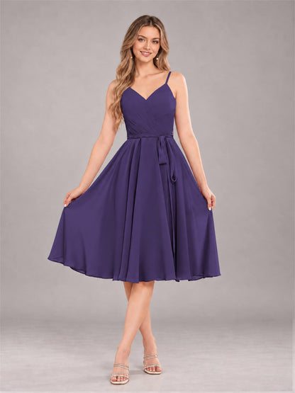 Regency Simple Spaghetti Straps Knee Length Chiffon Short Bridesmaid Dress