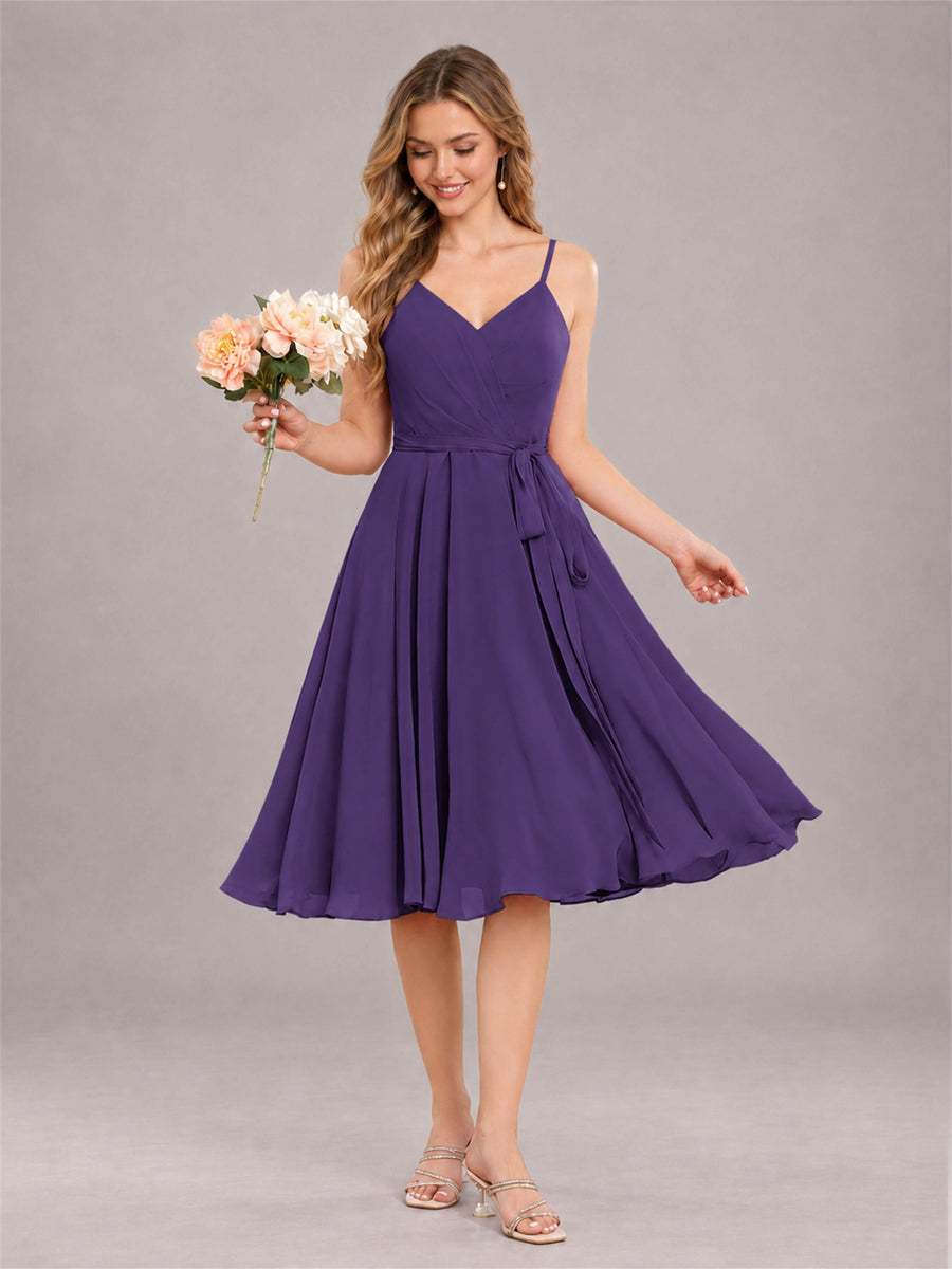 Regency Simple Spaghetti Straps Knee Length Chiffon Short Bridesmaid Dress