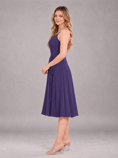 Regency Simple Spaghetti Straps Knee Length Chiffon Short Bridesmaid Dress