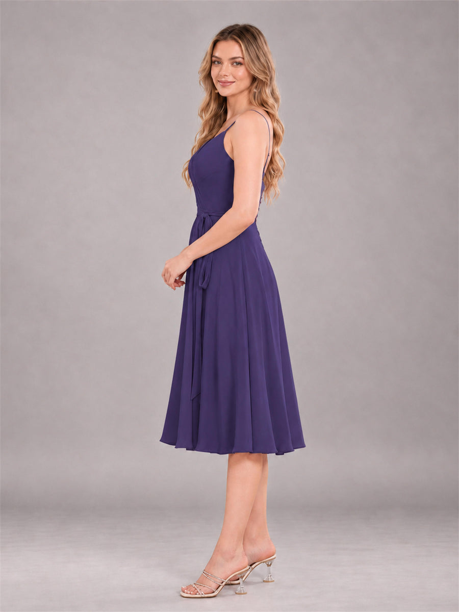 Regency Simple Spaghetti Straps Knee Length Chiffon Short Bridesmaid Dress