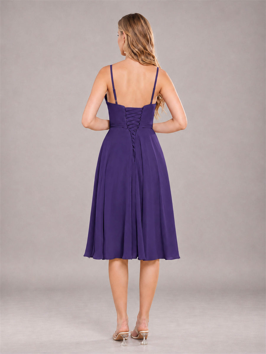 Regency Simple Spaghetti Straps Knee Length Chiffon Short Bridesmaid Dress