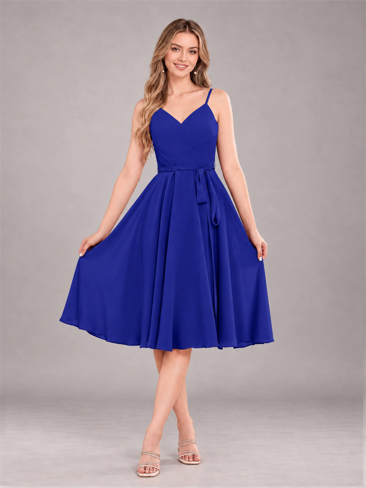 Royal Blue Simple Spaghetti Straps Knee Length Chiffon Short Bridesmaid Dress