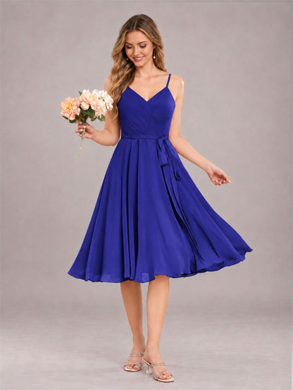 Royal Blue Simple Spaghetti Straps Knee Length Chiffon Short Bridesmaid Dress