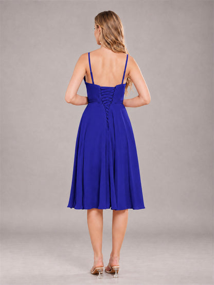 Royal Blue Simple Spaghetti Straps Knee Length Chiffon Short Bridesmaid Dress
