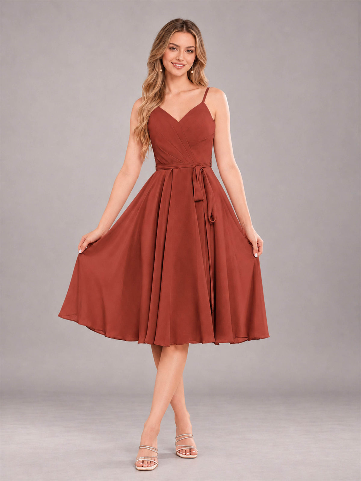 Rust Simple Spaghetti Straps Knee Length Chiffon Short Bridesmaid Dress