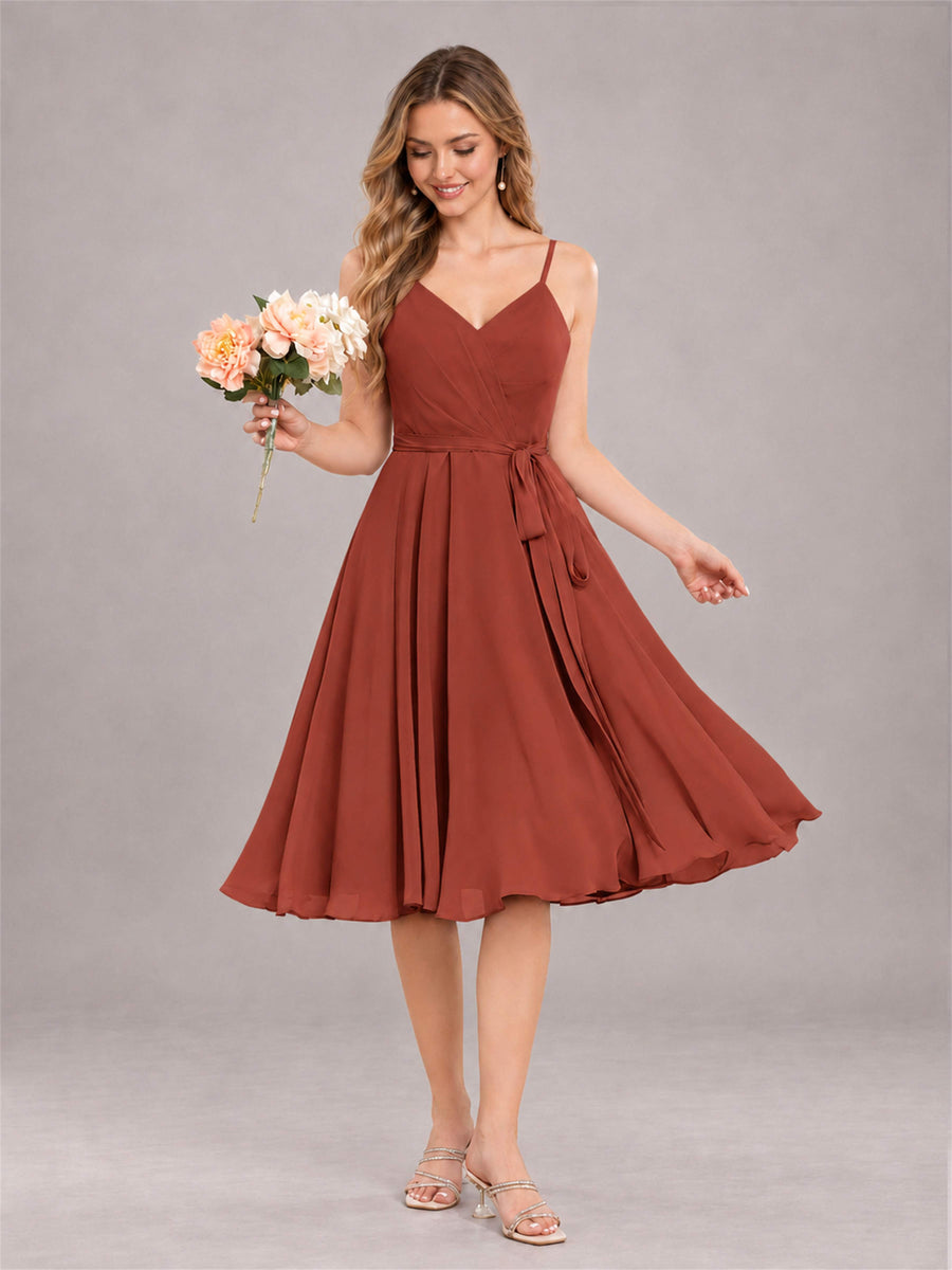 Rust Simple Spaghetti Straps Knee Length Chiffon Short Bridesmaid Dress