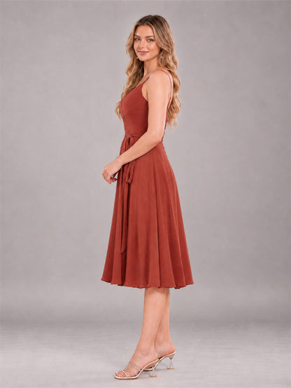 Rust Simple Spaghetti Straps Knee Length Chiffon Short Bridesmaid Dress