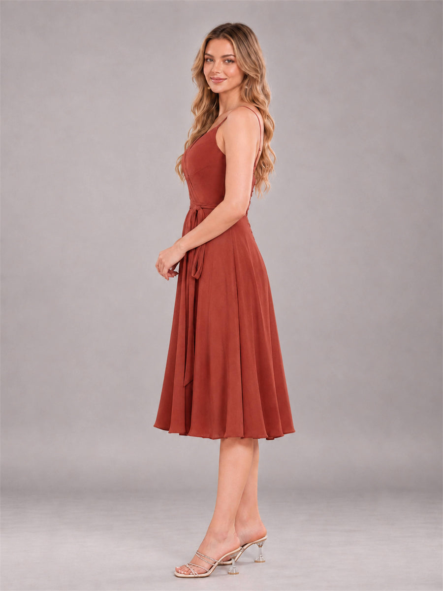 Rust Simple Spaghetti Straps Knee Length Chiffon Short Bridesmaid Dress