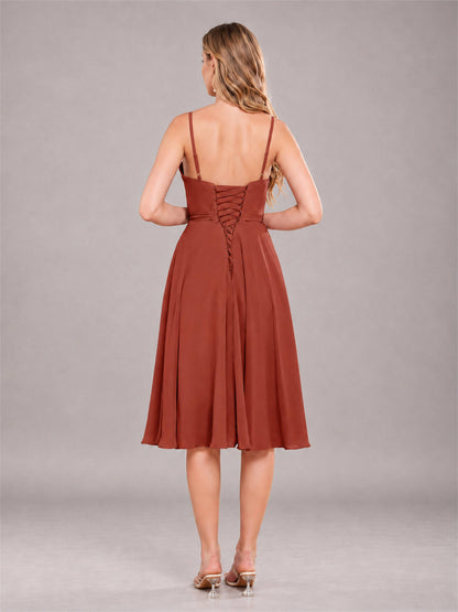 Rust Simple Spaghetti Straps Knee Length Chiffon Short Bridesmaid Dress