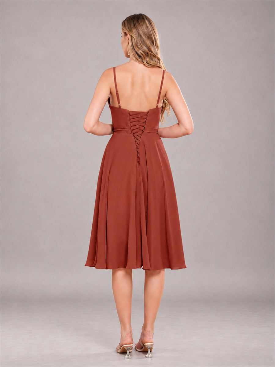 Rust Simple Spaghetti Straps Knee Length Chiffon Short Bridesmaid Dress