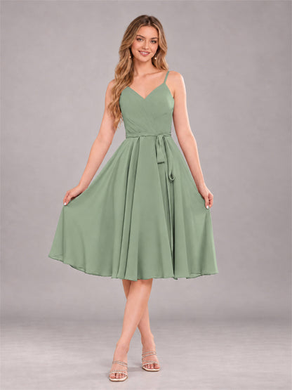 Sage Green Simple Spaghetti Straps Knee Length Chiffon Short Bridesmaid Dress