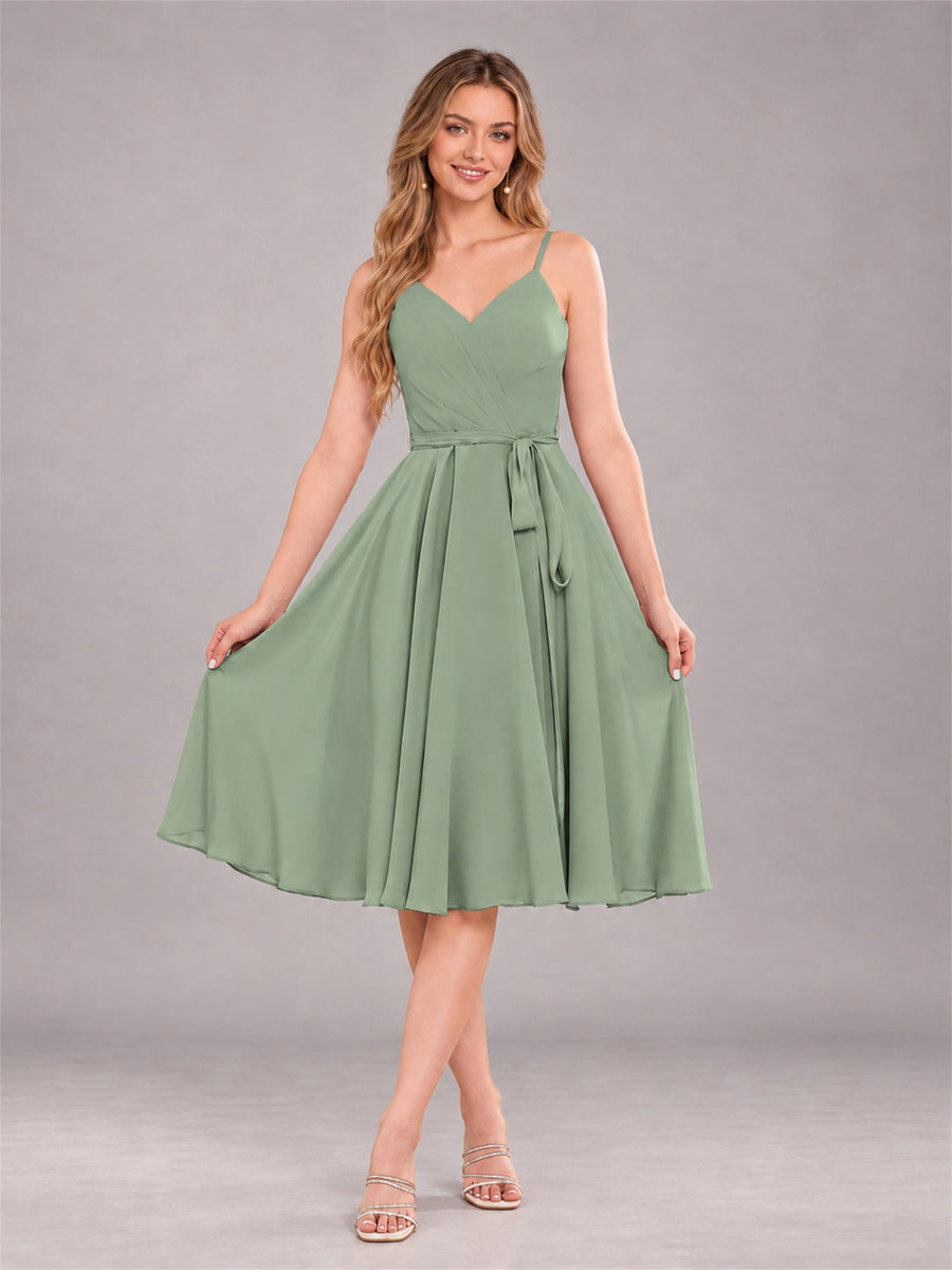 Sage Green Simple Spaghetti Straps Knee Length Chiffon Short Bridesmaid Dress