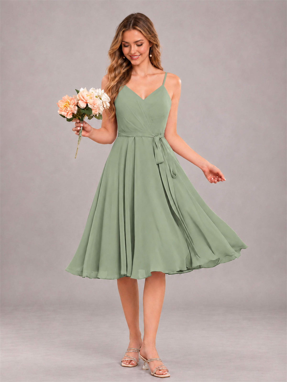 Sage Green Simple Spaghetti Straps Knee Length Chiffon Short Bridesmaid Dress