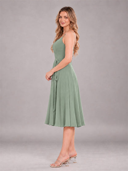 Sage Green Simple Spaghetti Straps Knee Length Chiffon Short Bridesmaid Dress