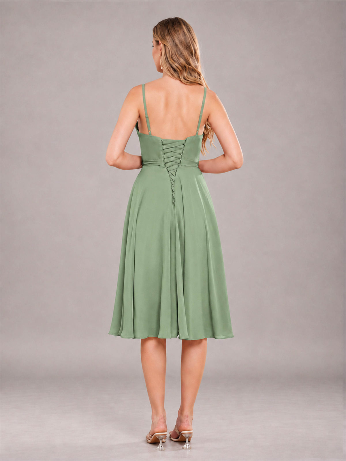 Sage Green Simple Spaghetti Straps Knee Length Chiffon Short Bridesmaid Dress
