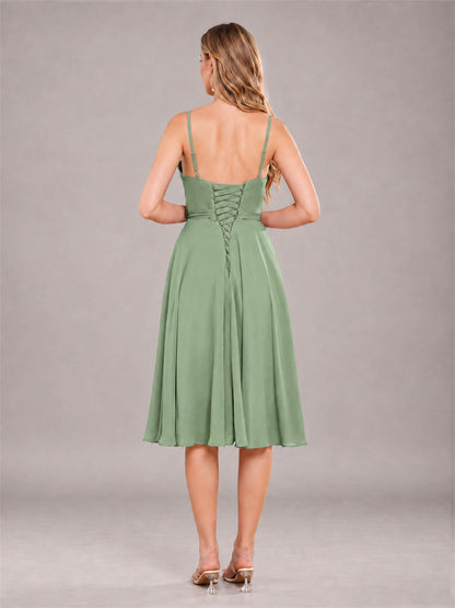 Sage Green Simple Spaghetti Straps Knee Length Chiffon Short Bridesmaid Dress
