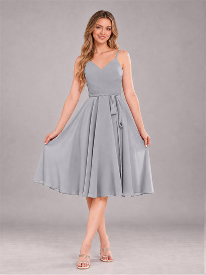Silver Simple Spaghetti Straps Knee Length Chiffon Short Bridesmaid Dress