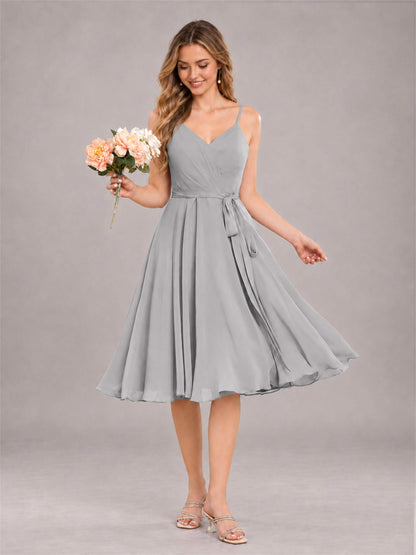 Silver Simple Spaghetti Straps Knee Length Chiffon Short Bridesmaid Dress