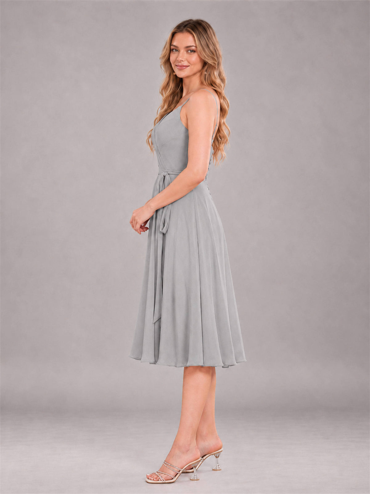 Silver Simple Spaghetti Straps Knee Length Chiffon Short Bridesmaid Dress