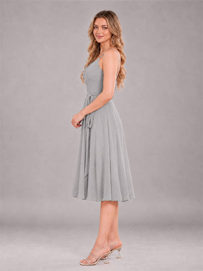 Silver Simple Spaghetti Straps Knee Length Chiffon Short Bridesmaid Dress