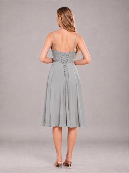 Silver Simple Spaghetti Straps Knee Length Chiffon Short Bridesmaid Dress