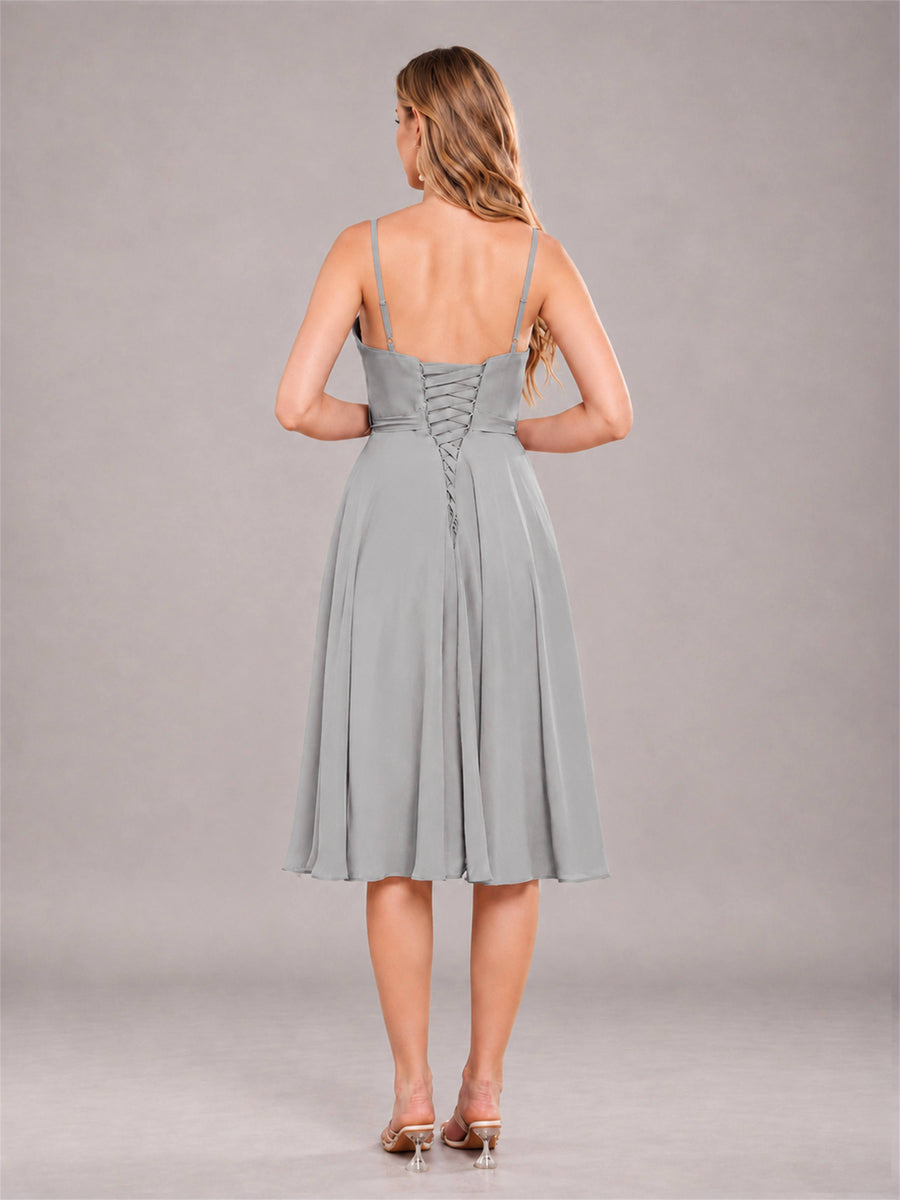 Silver Simple Spaghetti Straps Knee Length Chiffon Short Bridesmaid Dress