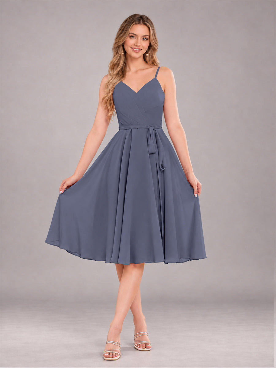 Stormy Blue Simple Spaghetti Straps Knee Length Chiffon Short Bridesmaid Dress