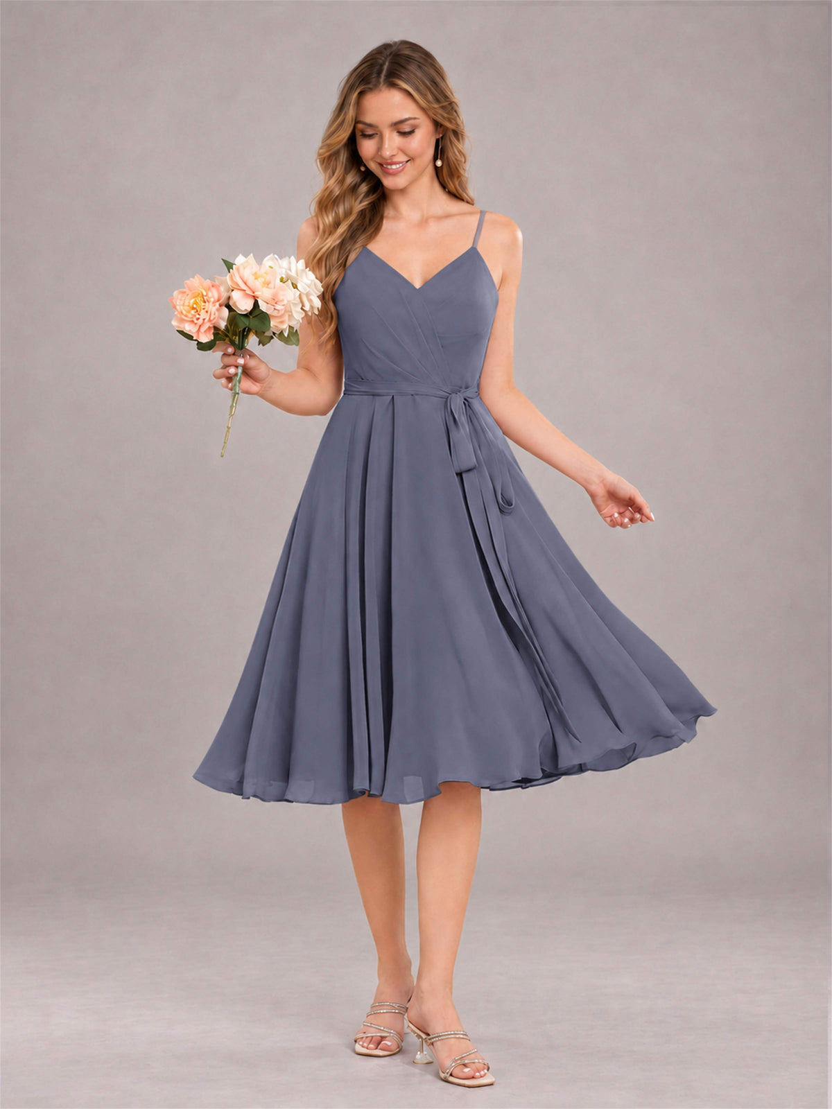 Stormy Blue Simple Spaghetti Straps Knee Length Chiffon Short Bridesmaid Dress