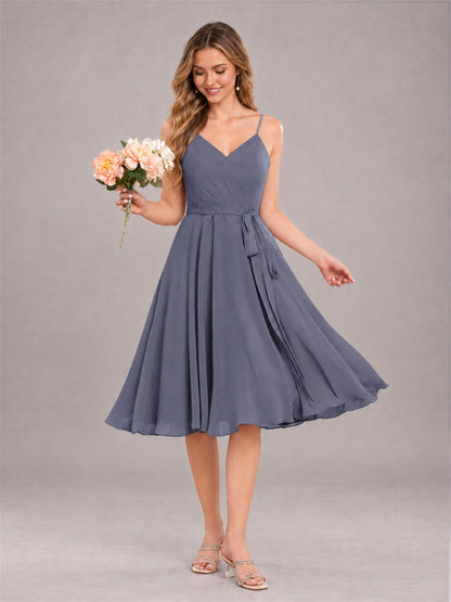 Stormy Blue Simple Spaghetti Straps Knee Length Chiffon Short Bridesmaid Dress