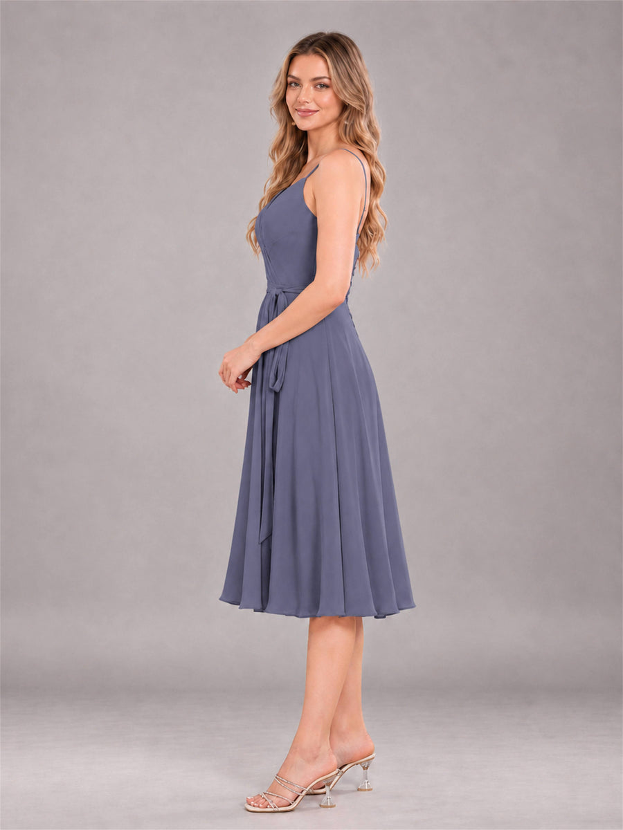 Stormy Blue Simple Spaghetti Straps Knee Length Chiffon Short Bridesmaid Dress