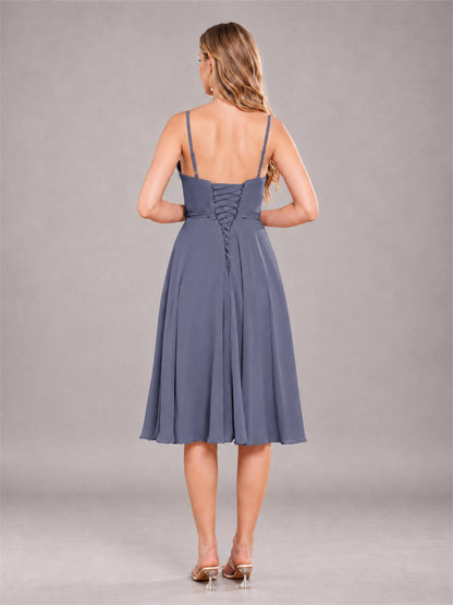 Stormy Blue Simple Spaghetti Straps Knee Length Chiffon Short Bridesmaid Dress