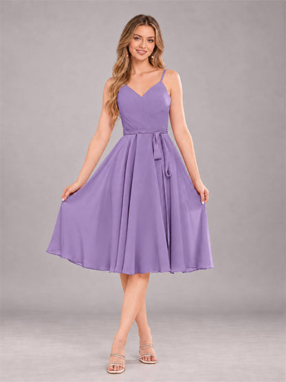 Tahiti Simple Spaghetti Straps Knee Length Chiffon Short Bridesmaid Dress