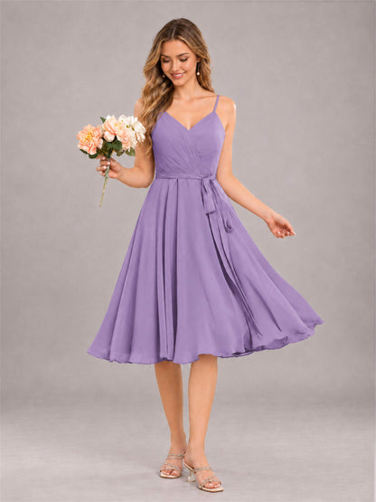 Tahiti Simple Spaghetti Straps Knee Length Chiffon Short Bridesmaid Dress