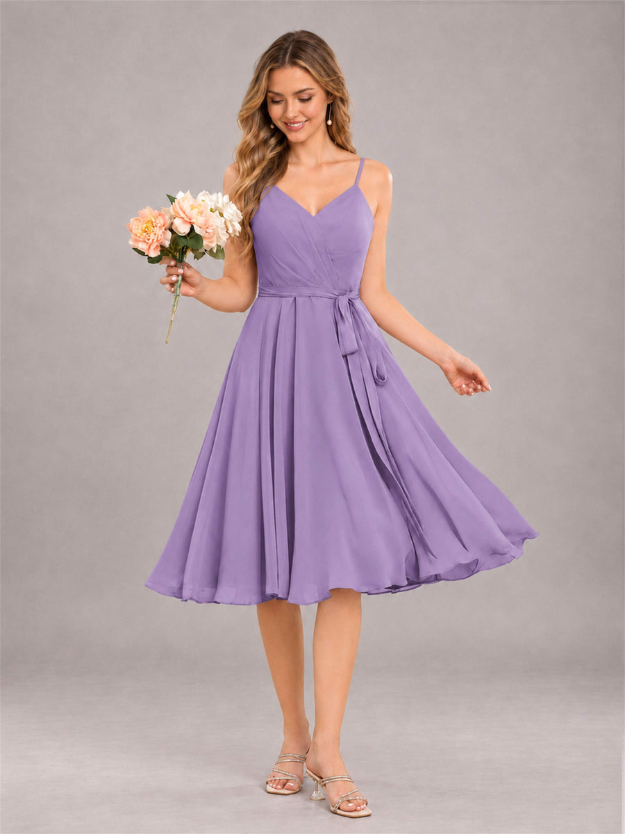 Tahiti Simple Spaghetti Straps Knee Length Chiffon Short Bridesmaid Dress