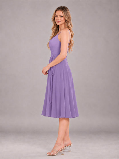 Tahiti Simple Spaghetti Straps Knee Length Chiffon Short Bridesmaid Dress