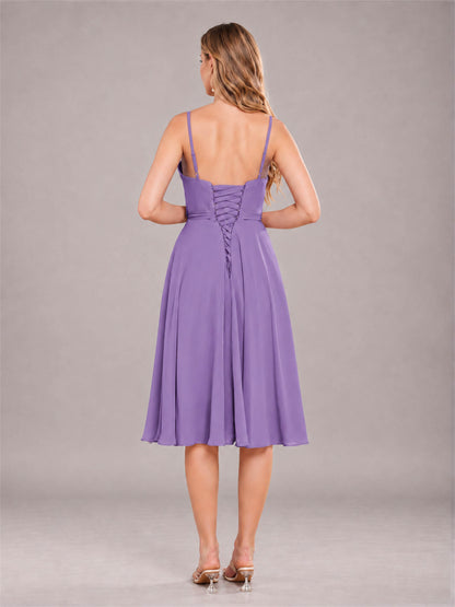 Tahiti Simple Spaghetti Straps Knee Length Chiffon Short Bridesmaid Dress
