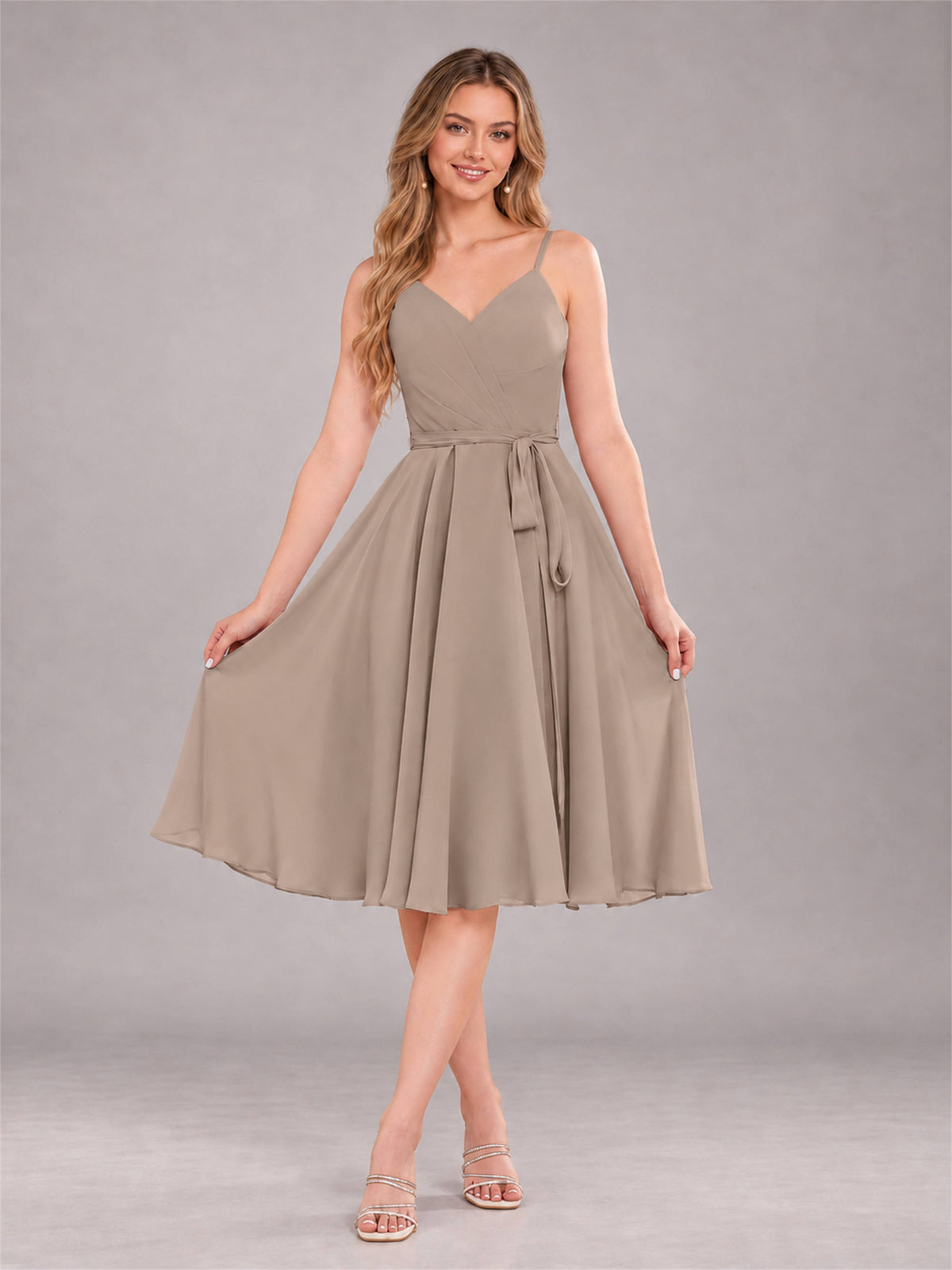 Taupe Simple Spaghetti Straps Knee Length Chiffon Short Bridesmaid Dress